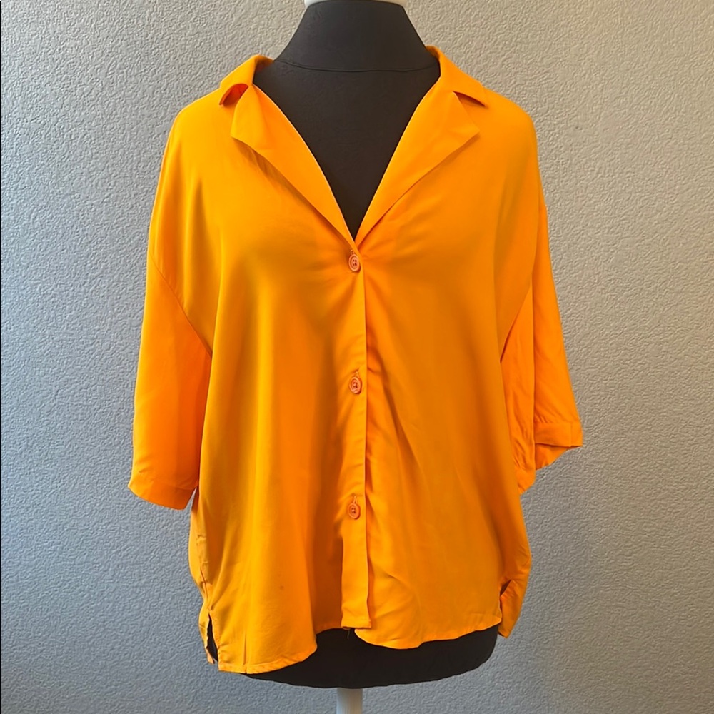 a new day Vibrant Orange Button-Up Short Sleece Blouse Large New